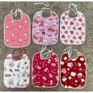 Lot Of‎ 6 Quilted Handmade Valentine's Day Baby Bibs Large Size 12" X 9"